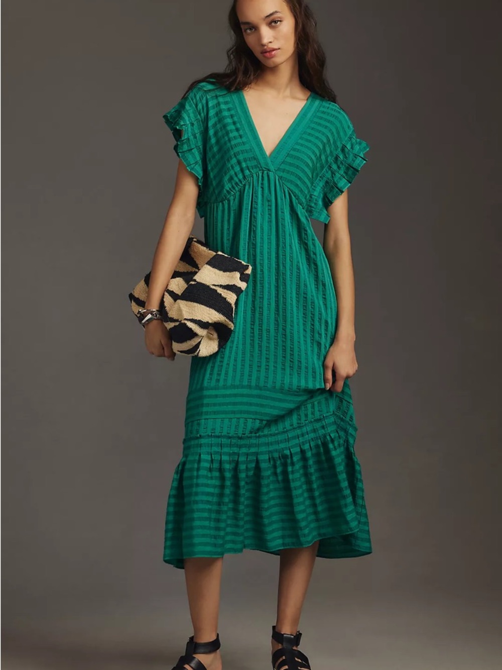Anthropologie Green Stripes Flutter-Sleeve V-Neck Midi Dress Size Large